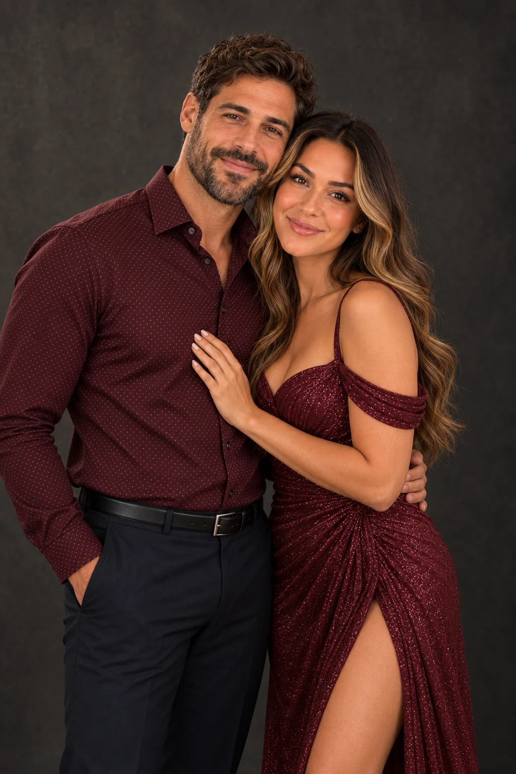 After AWRA: a couple embracing in coordinated burgundy evening outfits.