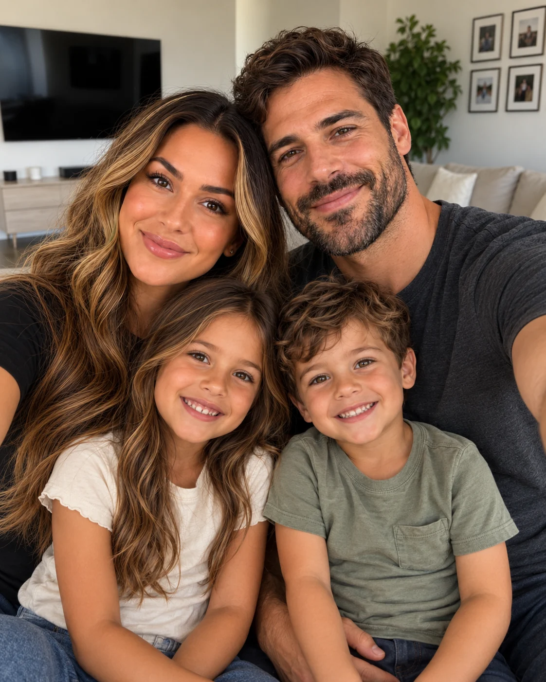 Before: a family of four taking a relaxed selfie on their sofa.
