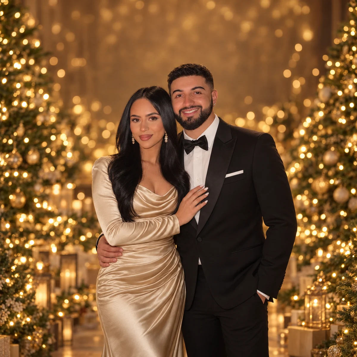 A couple in a champagne gown and black tuxedo, surrounded by glowing Christmas trees.
