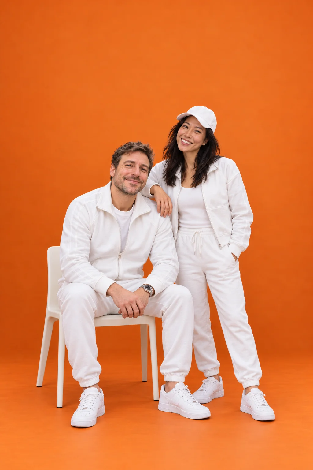 A couple in matching white outfits against a vivid orange studio backdrop.