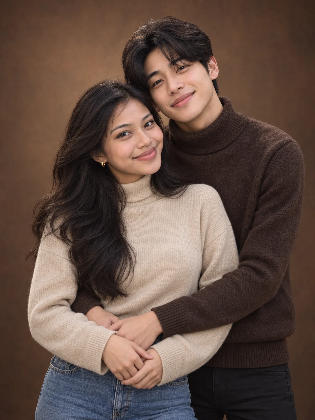 A couple embracing in cream and chocolate knitwear against a warm brown backdrop.