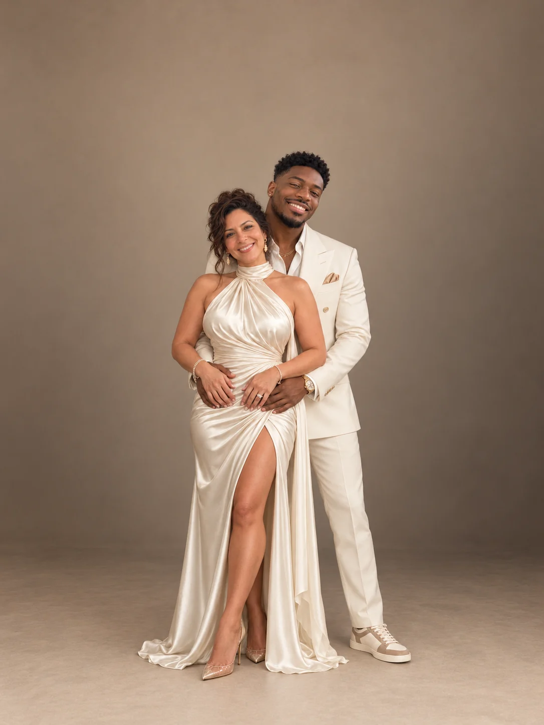 A full-length couple portrait in a champagne satin gown and an ivory suit.