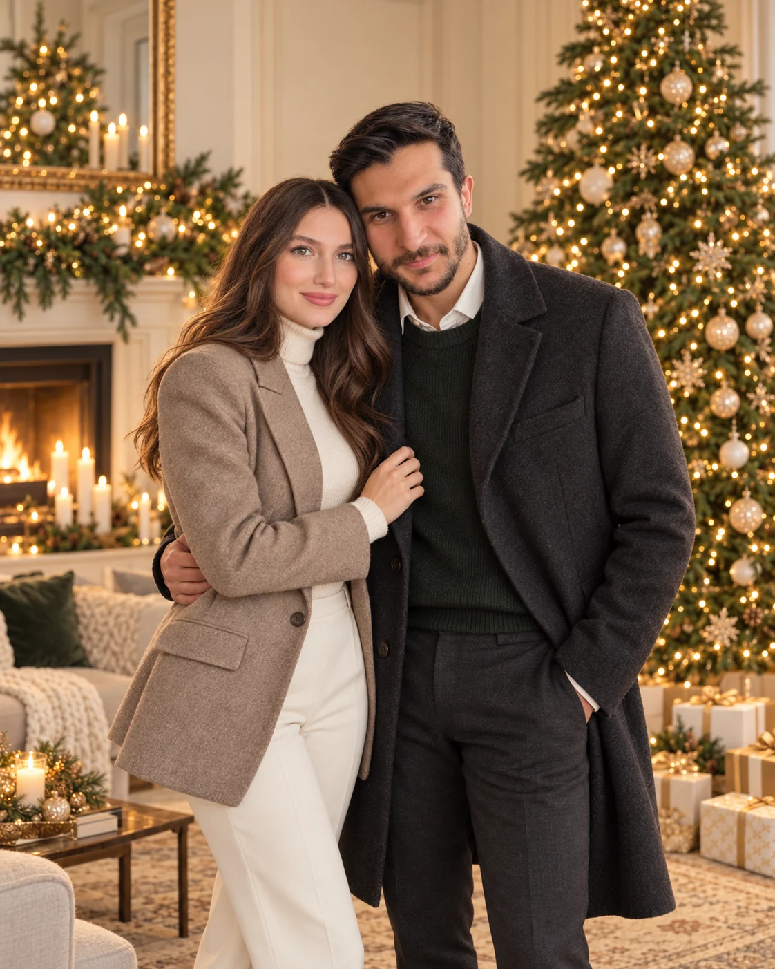 A couple in tailored winter coats beside a glowing Christmas tree and fireplace.