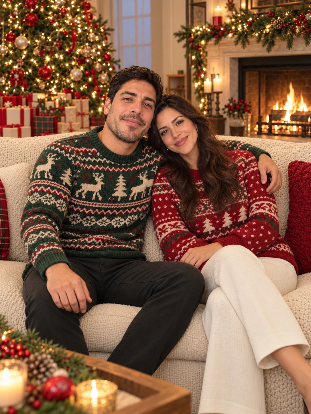 A couple cuddling on a sofa in festive knitwear beside a holiday fireplace.