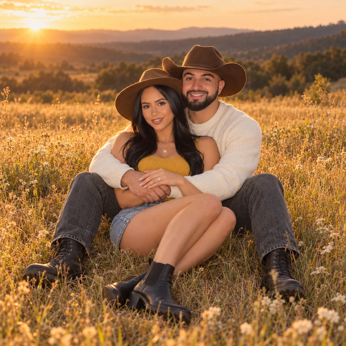 A couple in cowboy hats sitting together in a sunlit meadow at sunset.