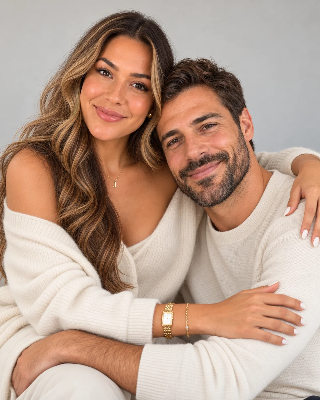 A close portrait of a couple leaning together in soft white and ivory clothing.