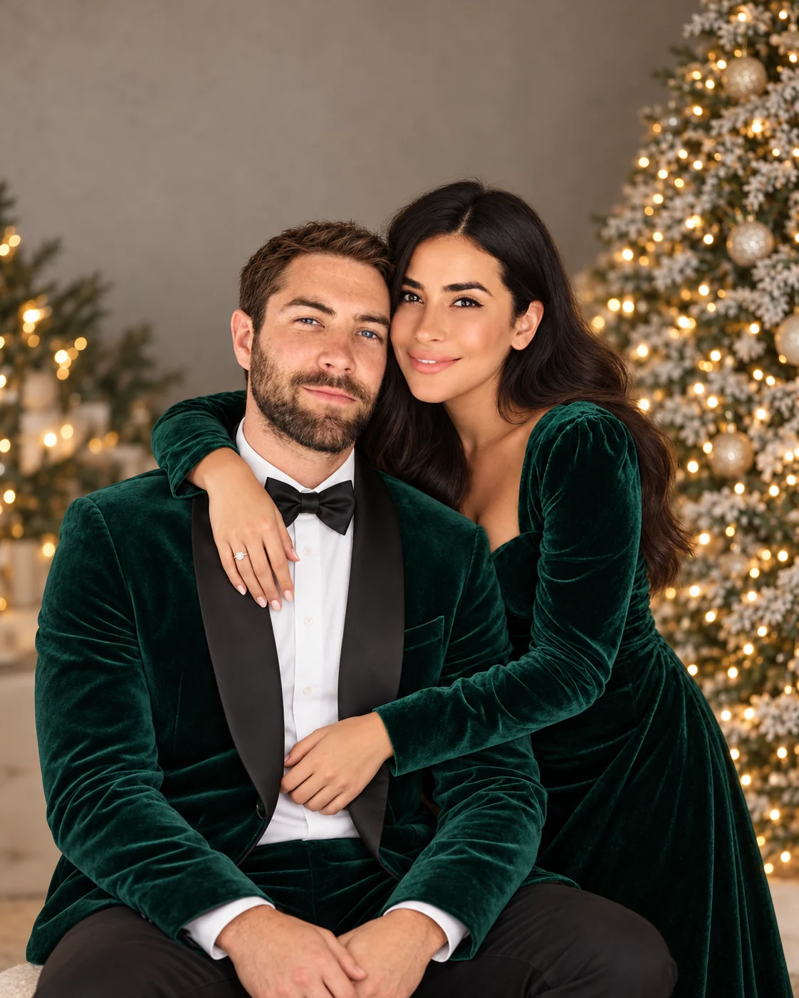 A couple wearing emerald velvet beside a softly glowing Christmas tree.