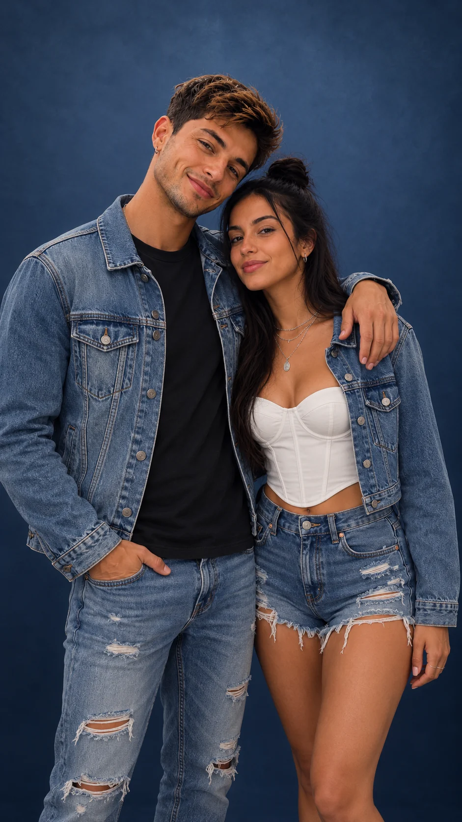 A couple in coordinated blue denim leaning together against a deep blue studio backdrop.