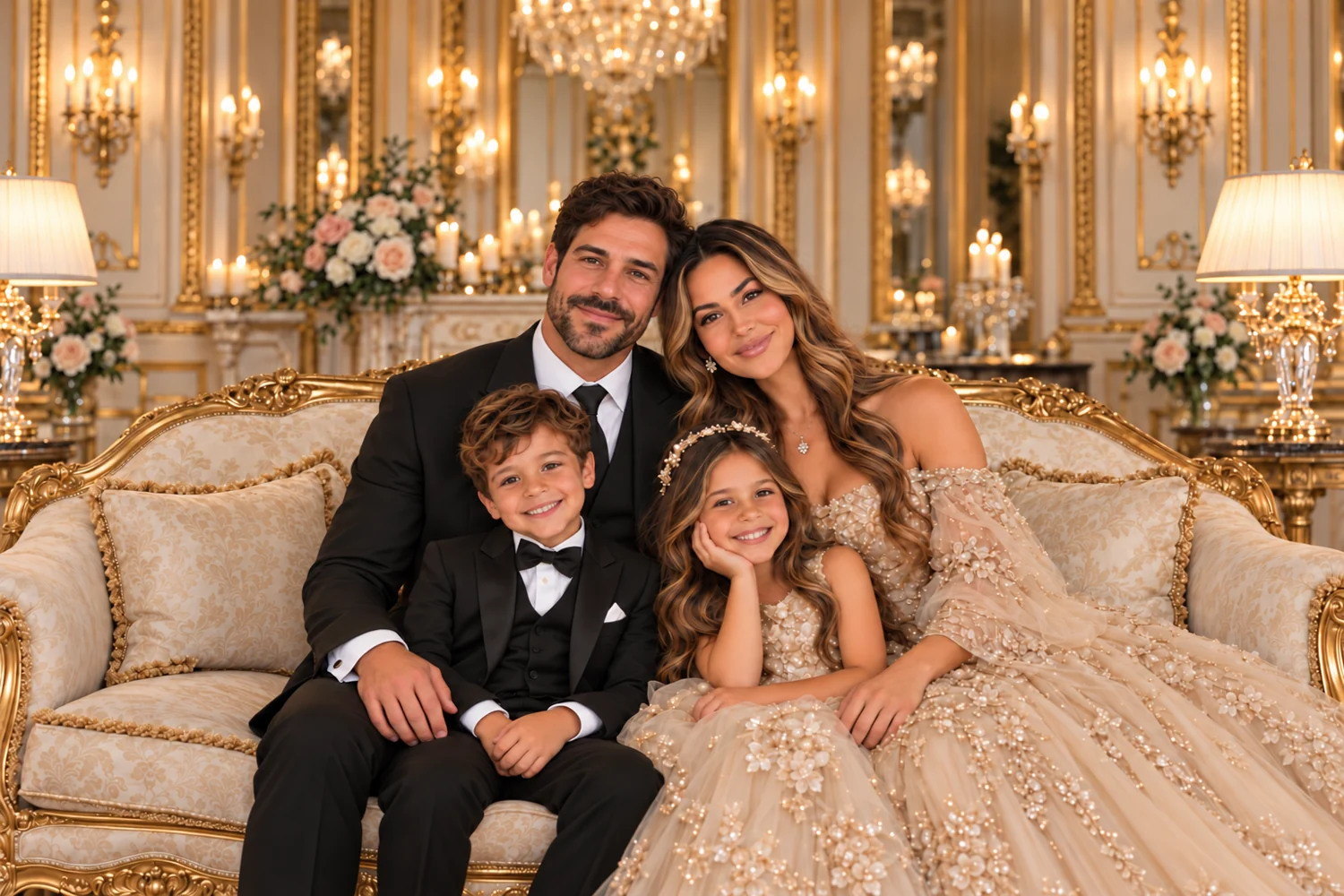 A family of four in black and gold formalwear, seated on an ornate cream sofa.