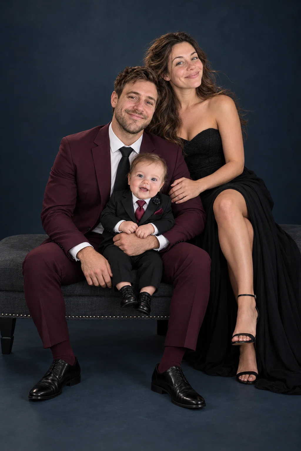 Parents in burgundy and black formalwear with their baby against a dark studio backdrop.