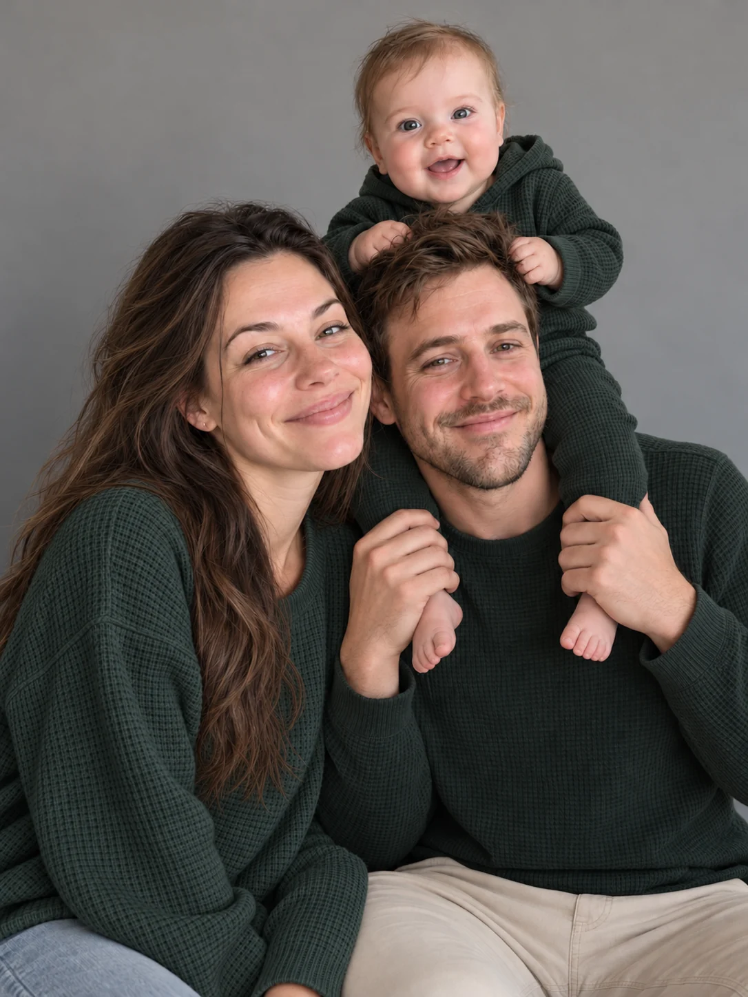 Parents and their baby cuddling together in coordinated forest-green knitwear.