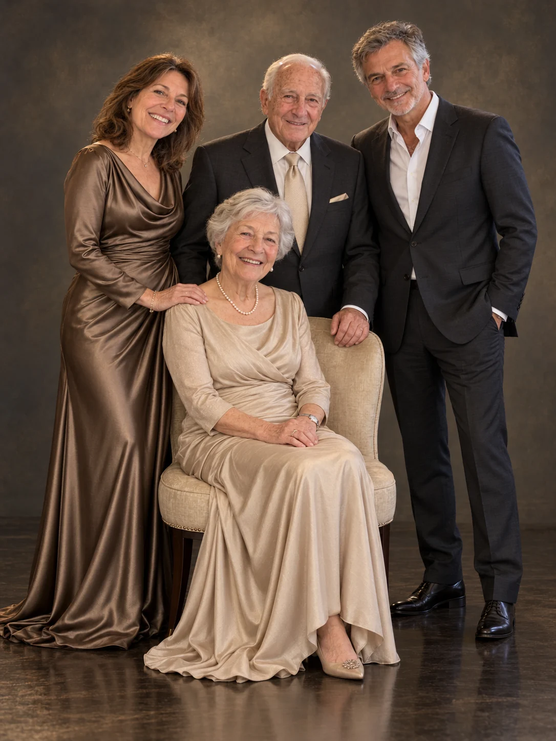 Four adults in elegant champagne and dark formalwear in a warm studio portrait.