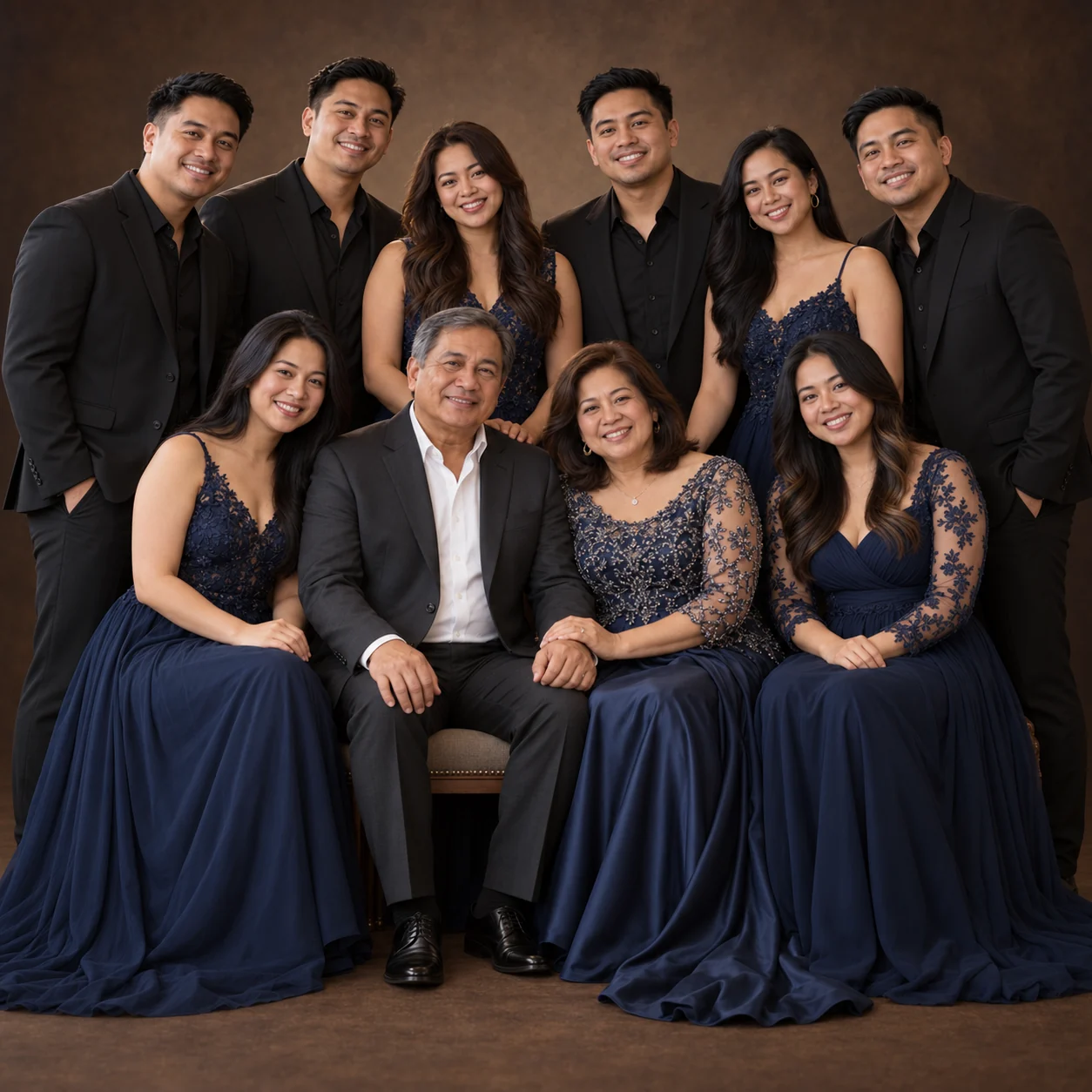 A ten-person family in coordinated navy and black formalwear against a warm brown backdrop.