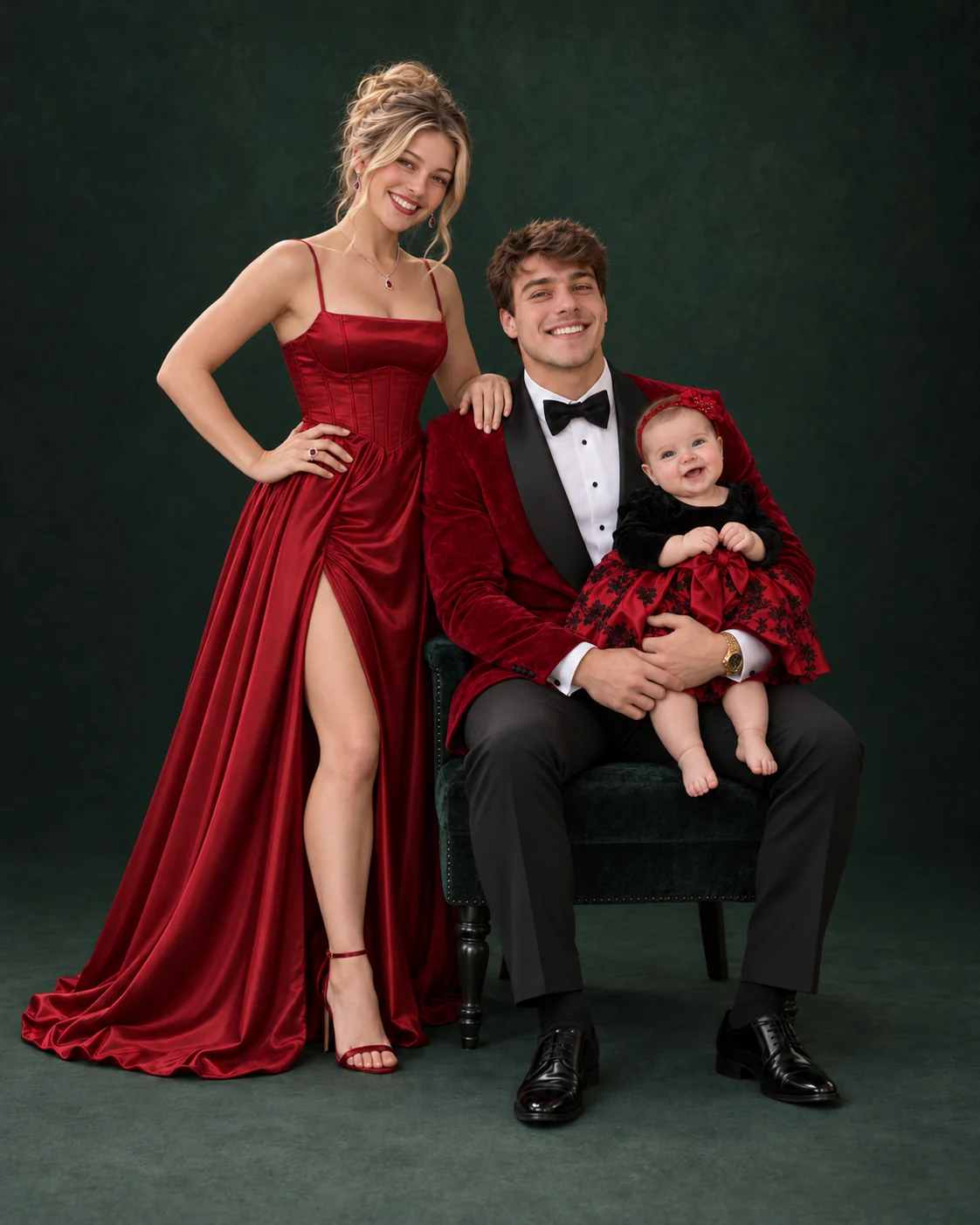 Parents in red satin and velvet with their baby against a deep green studio backdrop.