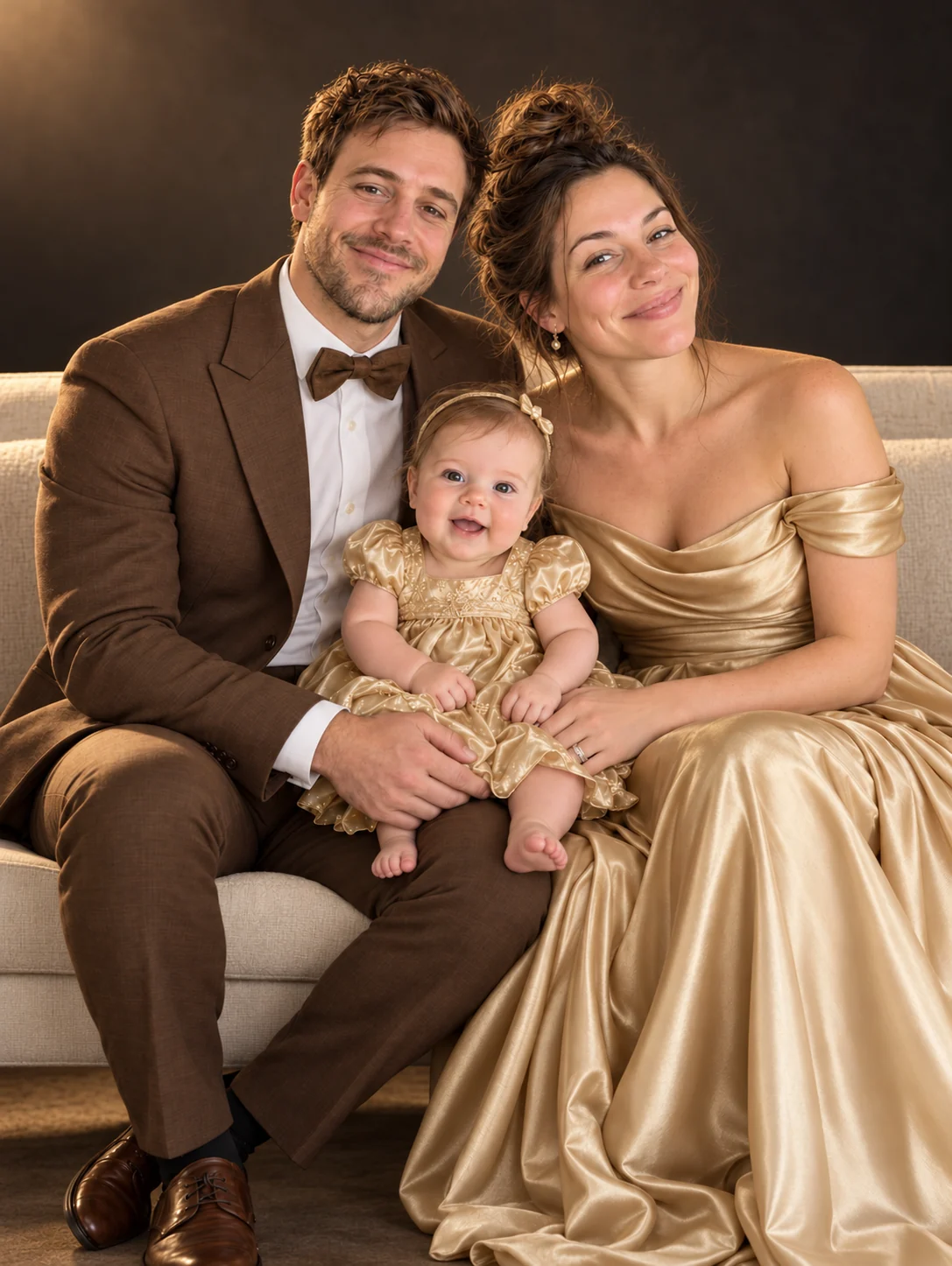 Parents and their baby in coordinated champagne and brown formalwear on a cream sofa.