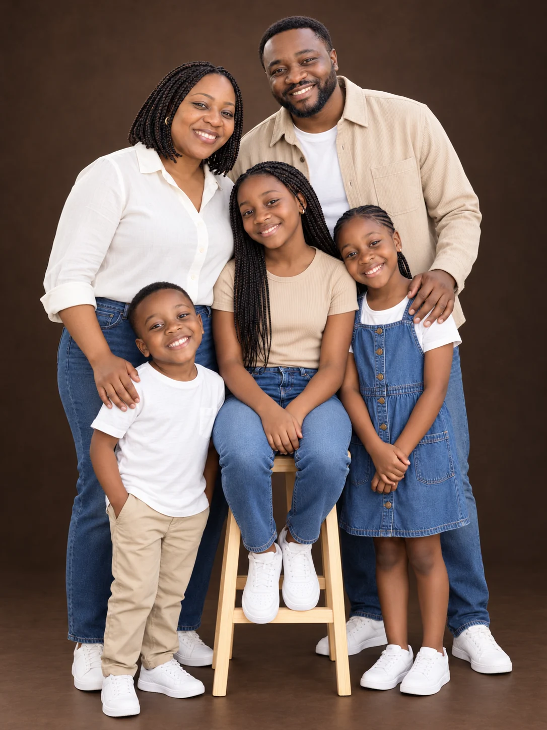 A family of five in ivory, tan, and denim, smiling together in a warm studio.
