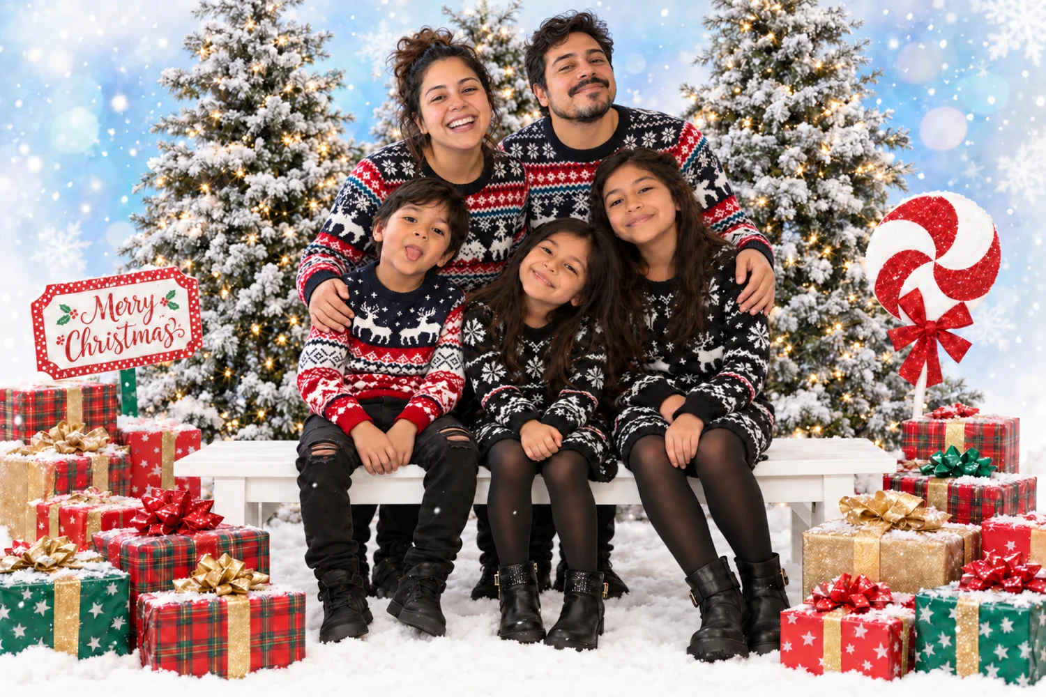 A family of five in festive knitwear amid snowy trees and Christmas gifts.