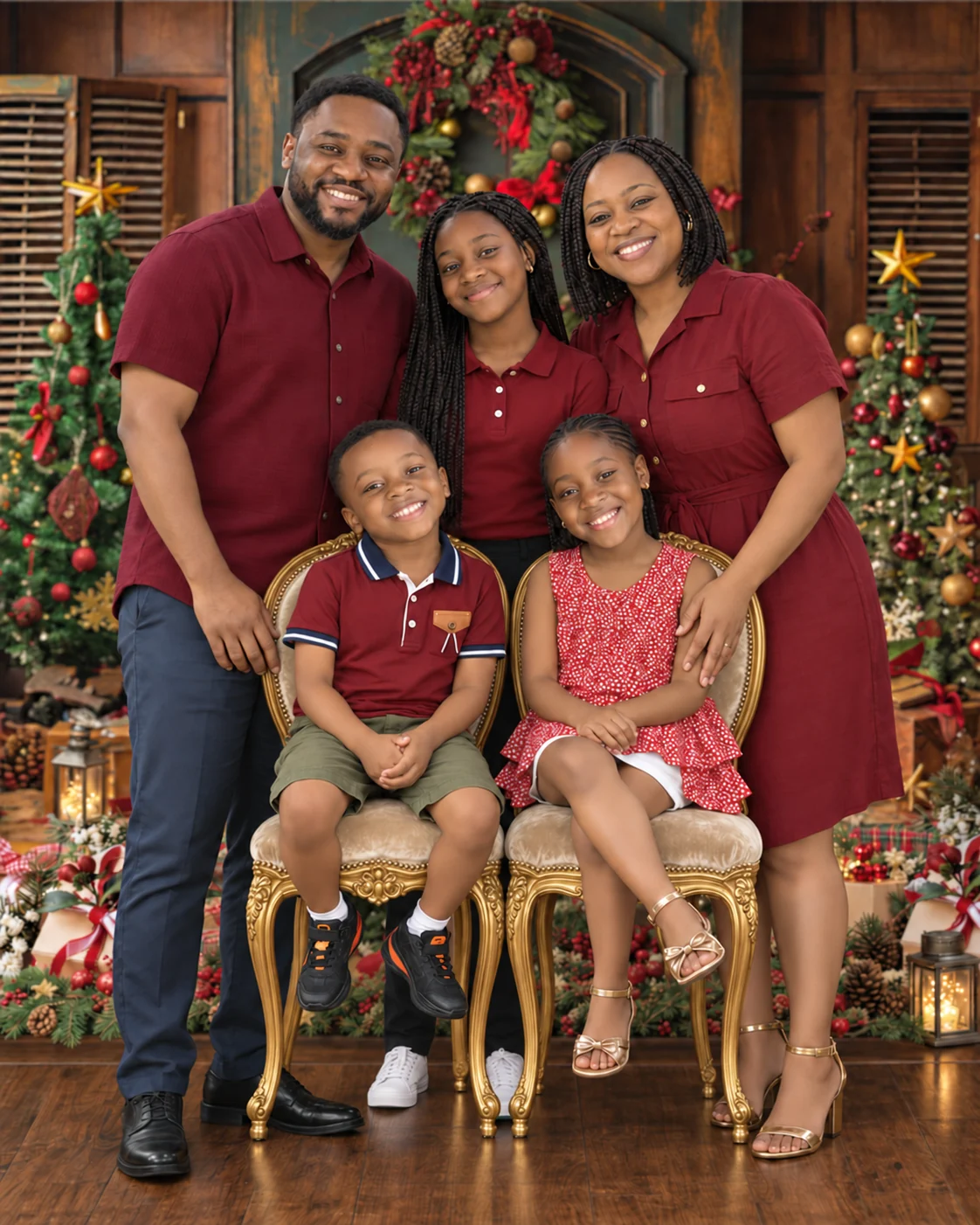 A family of five in coordinated burgundy outfits beside a Christmas tree.