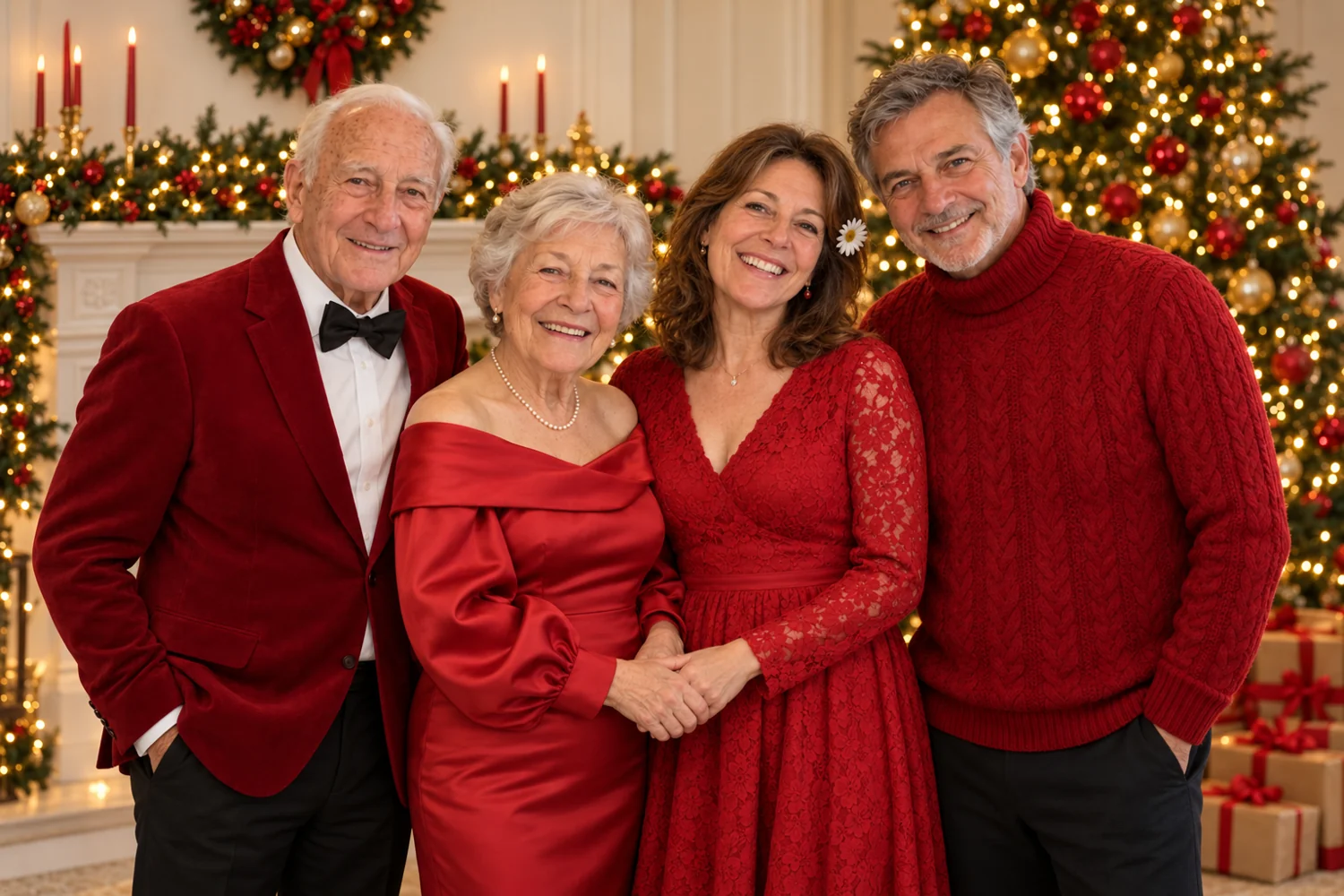 Four adults dressed in red beside a glowing Christmas tree.