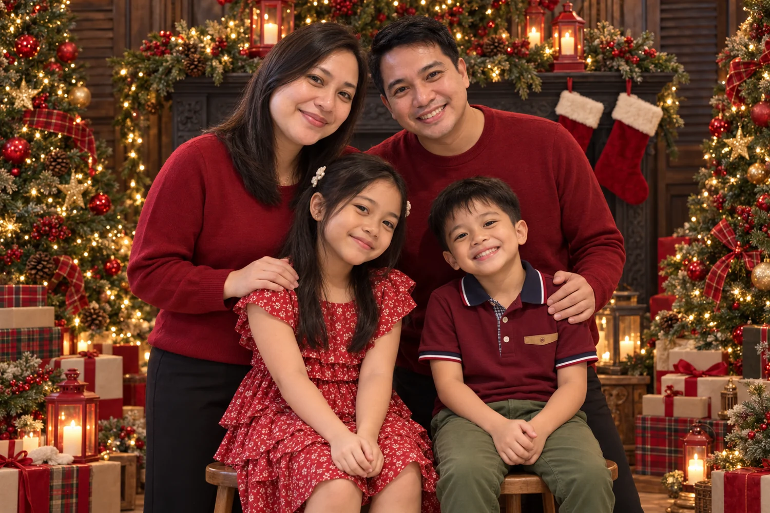 A family of four in red and burgundy, gathered beside a festive fireplace.