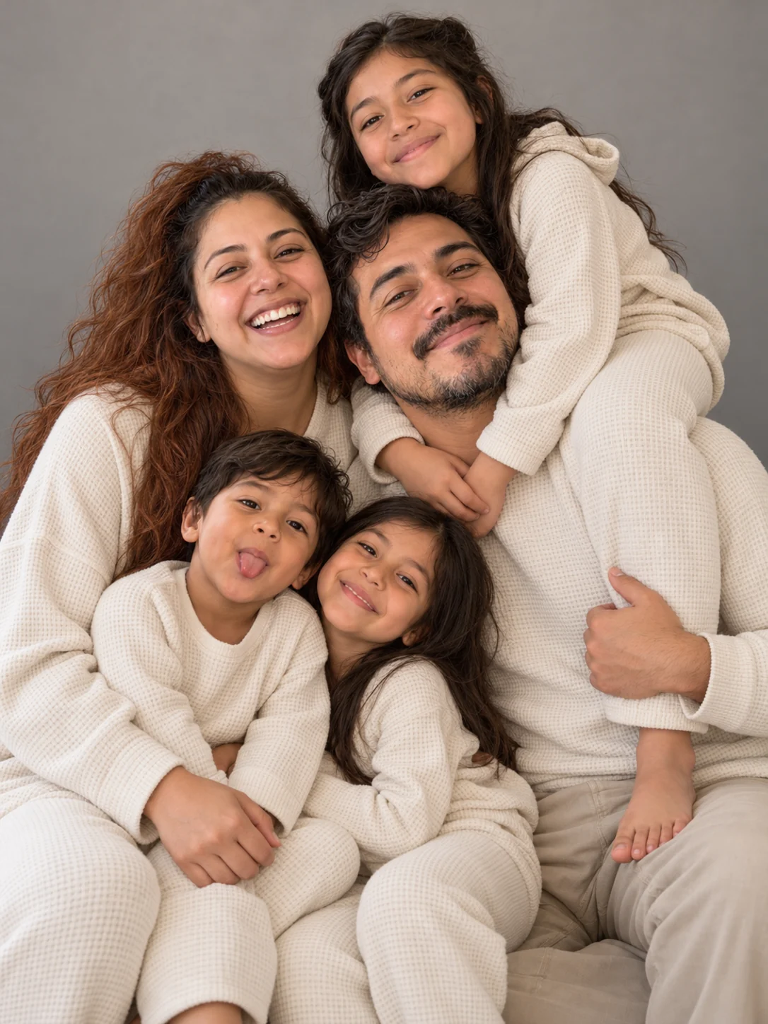 A family of five cuddling together in coordinated ivory knitwear.