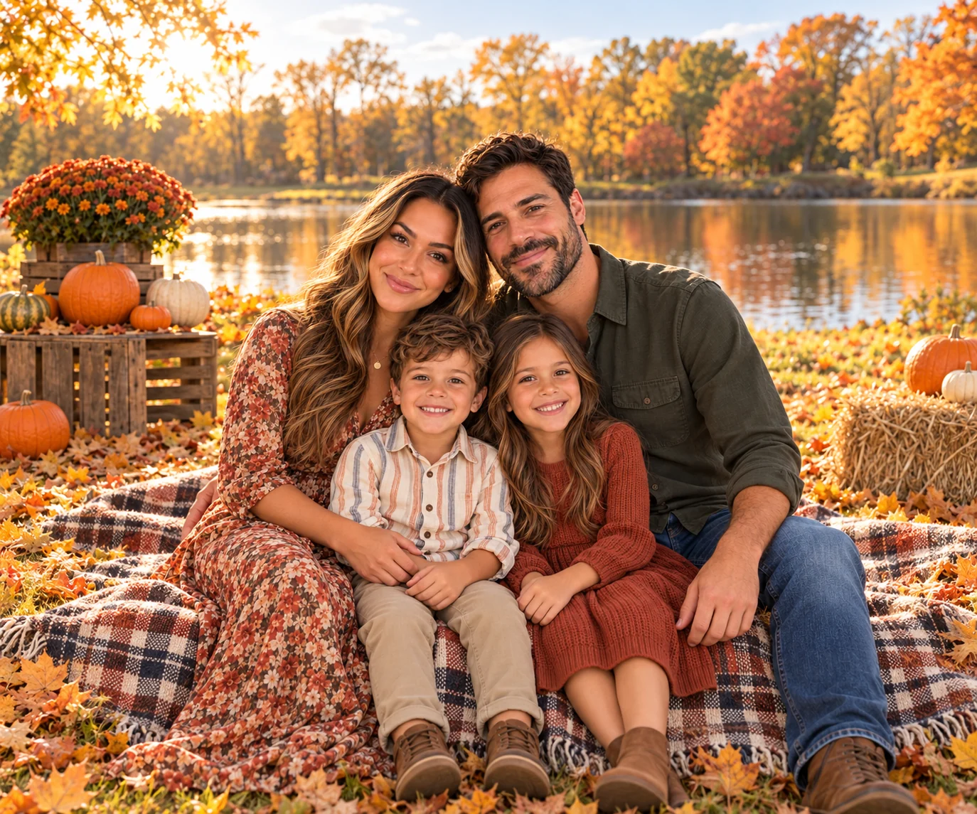 A family of four beside an autumn pond in warm golden-hour light.