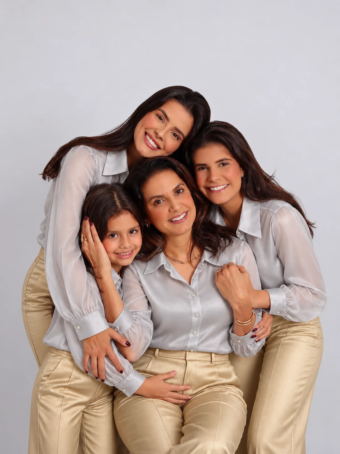 Mother and three daughters in silver tops and gold trousers