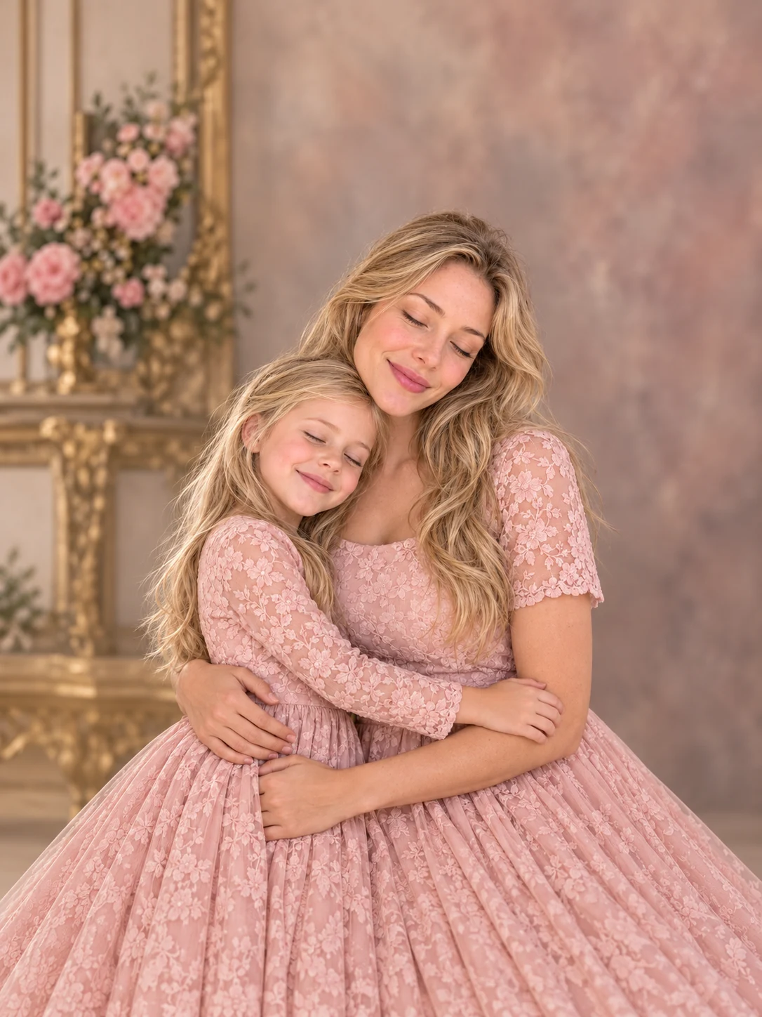 Mother and daughter embracing in matching pink dresses