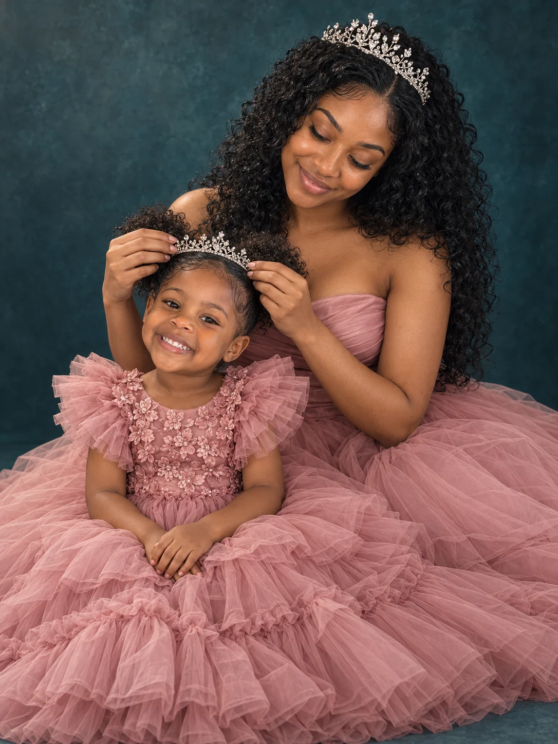 Mother and daughter wearing pink tulle dresses and tiaras