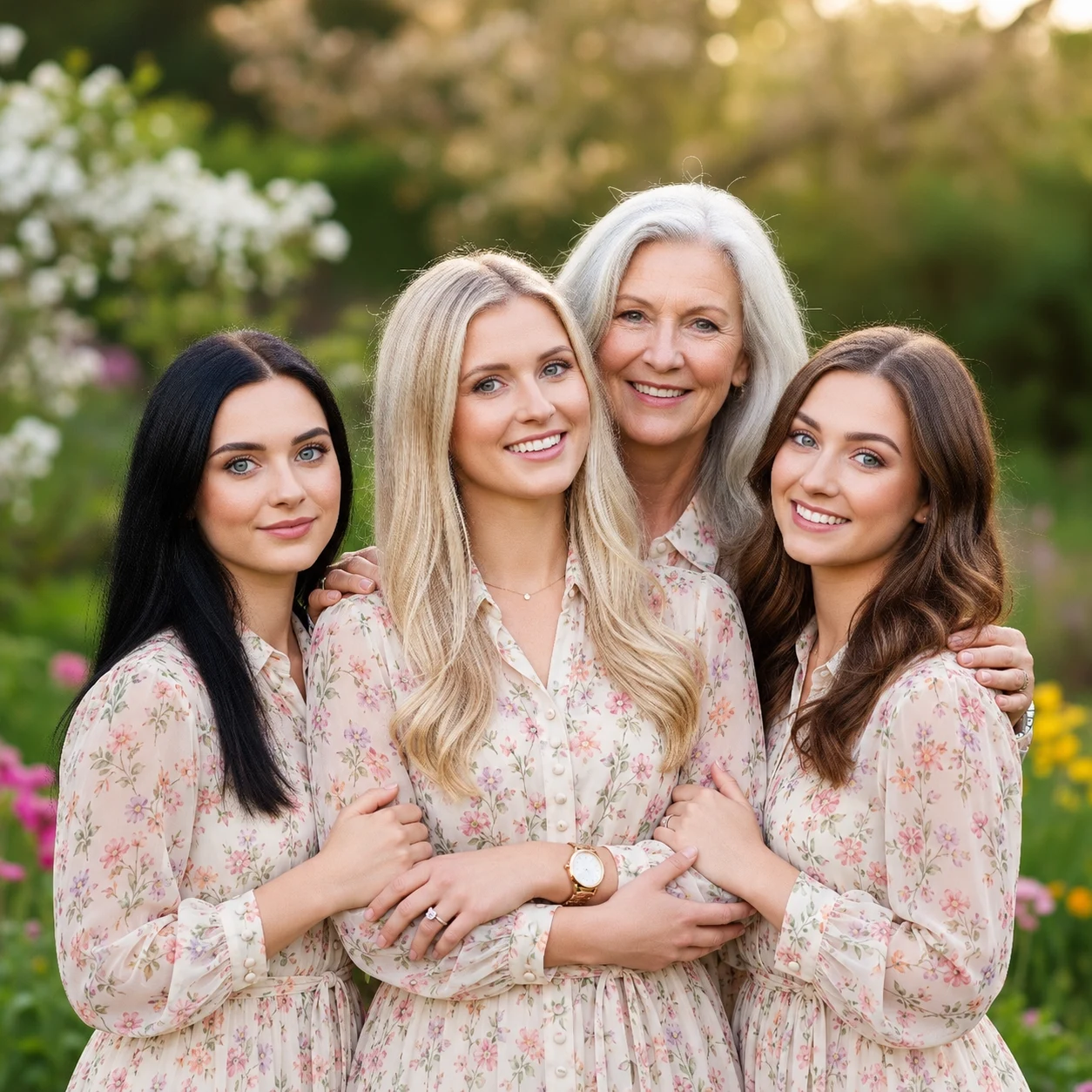 Mother and three adult daughters in floral dresses outdoors