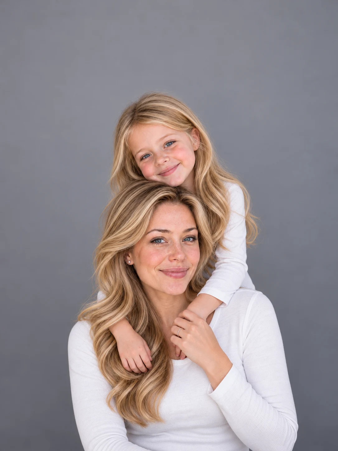 Daughter hugging her mother from behind in white outfits