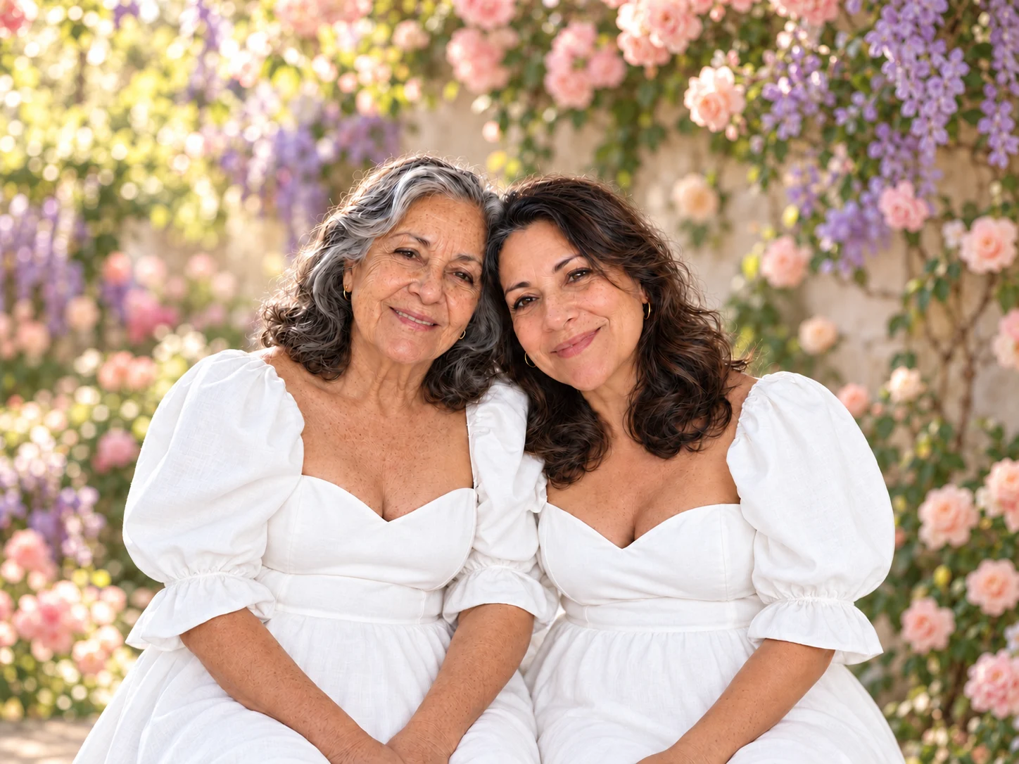 Adult daughter and mother in white dresses among pastel flowers