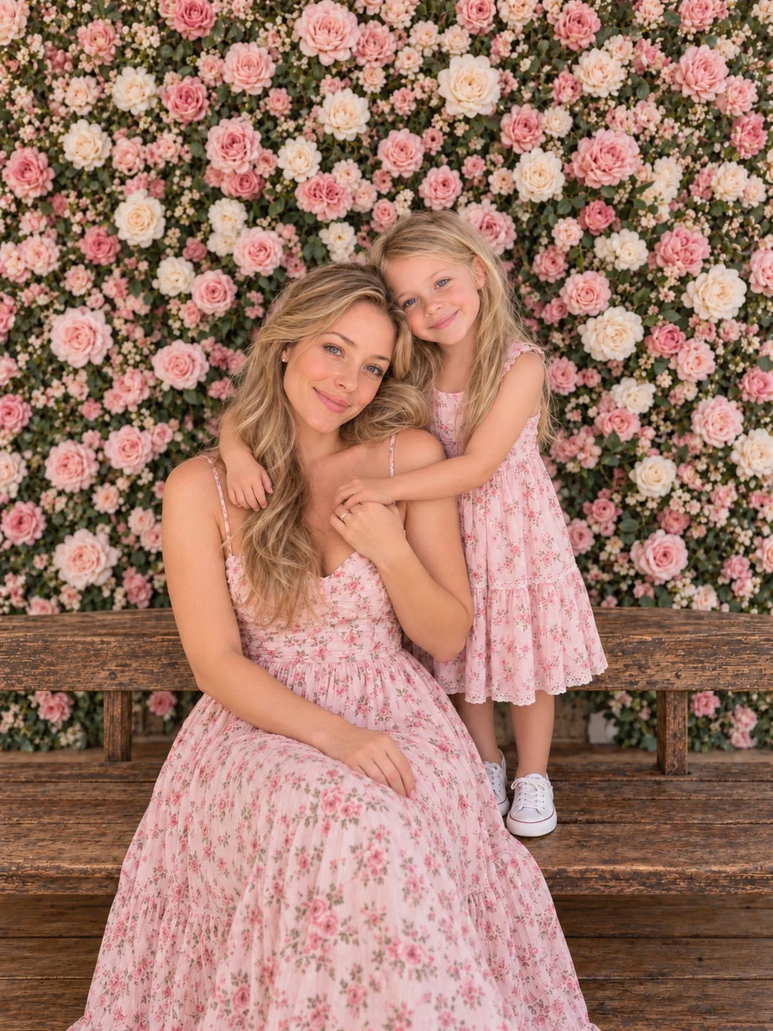 Mother and daughter in pink floral dresses beside a flower wall