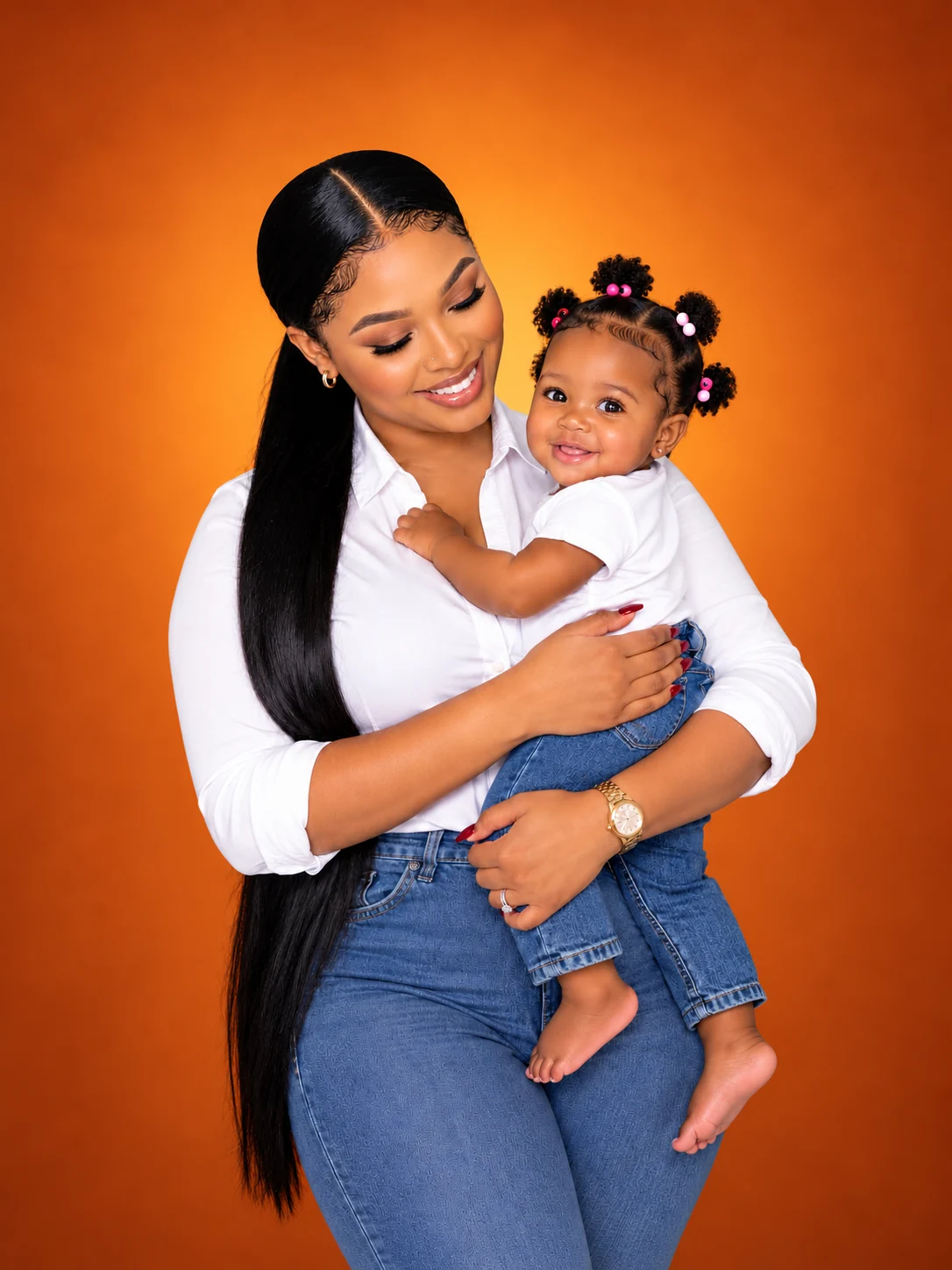 Mother holding her baby against an orange studio backdrop