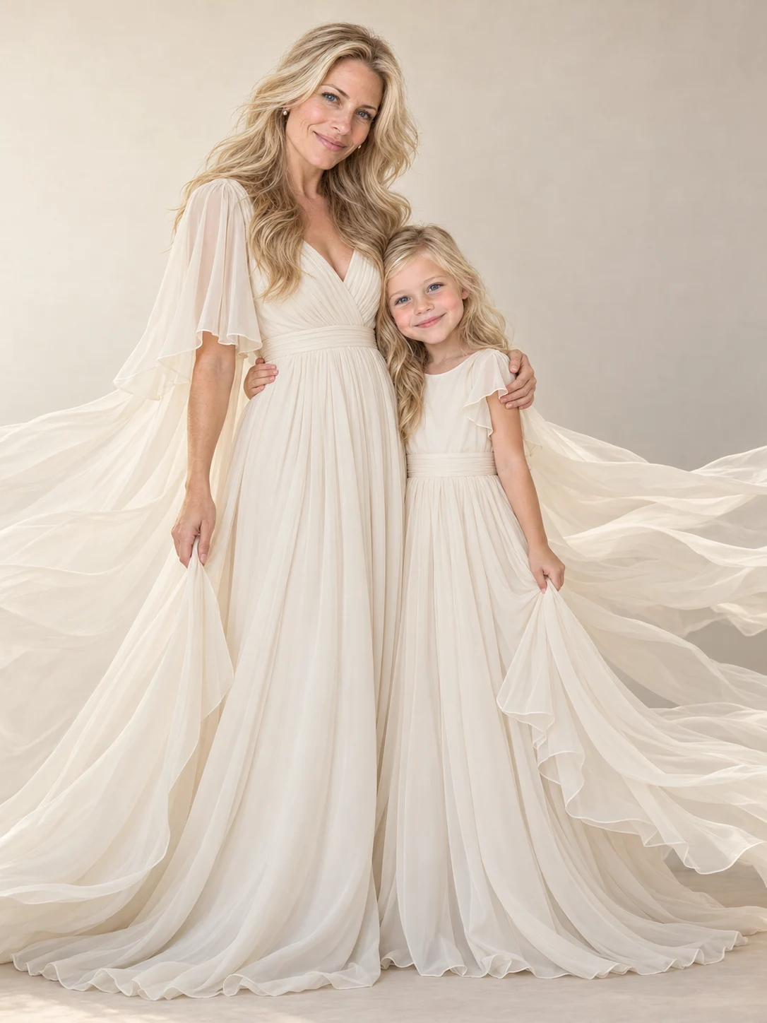 Mother and daughter in flowing ivory dresses