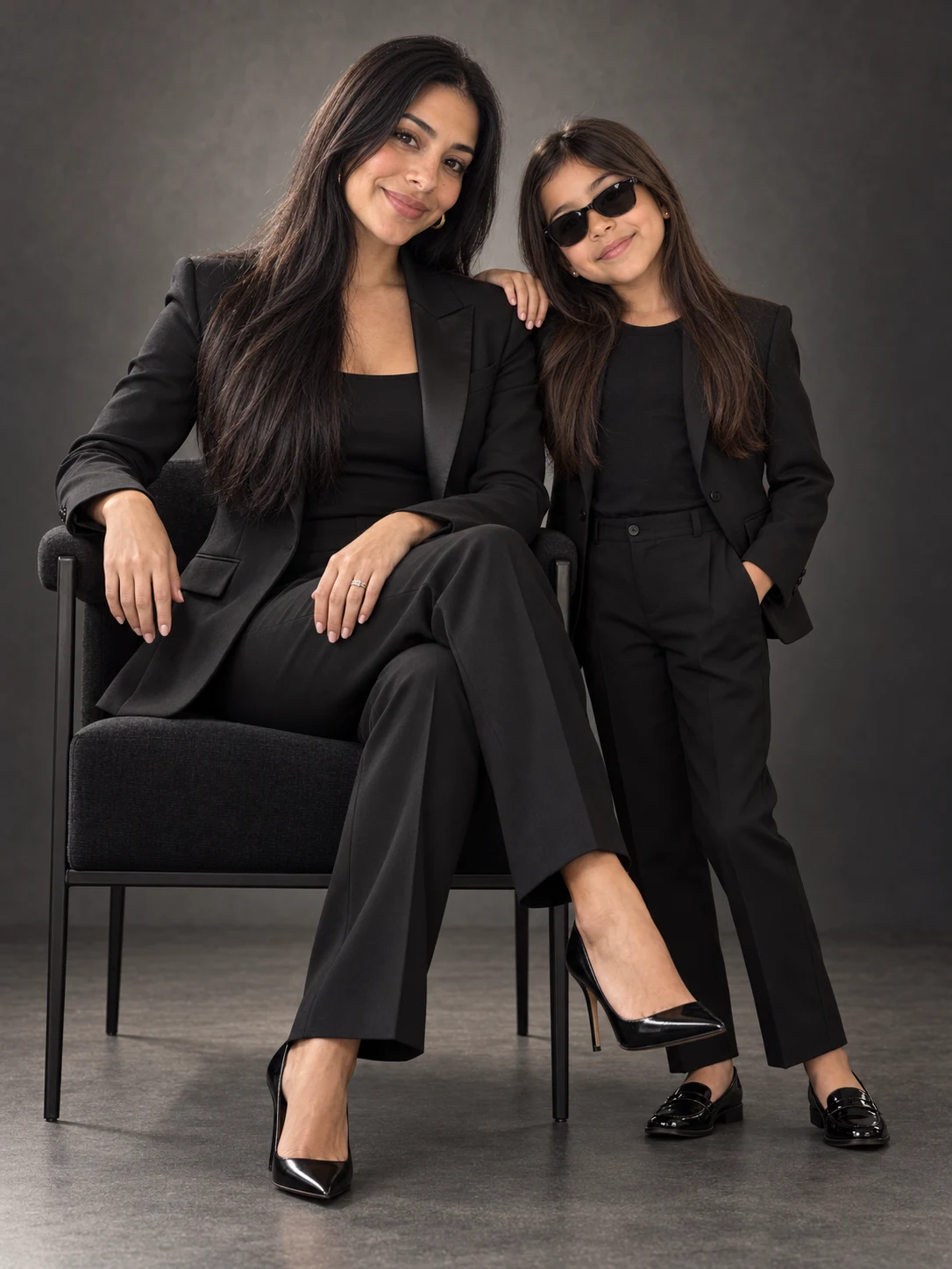 Mother and daughter in matching black suits and sunglasses