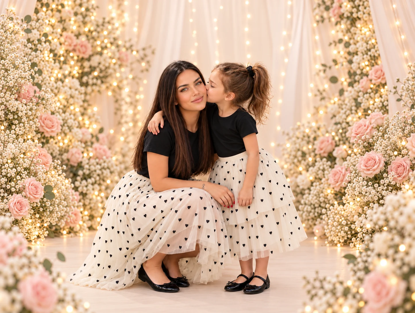 Mother and daughter in black tops and polka dot skirts beneath fairy lights