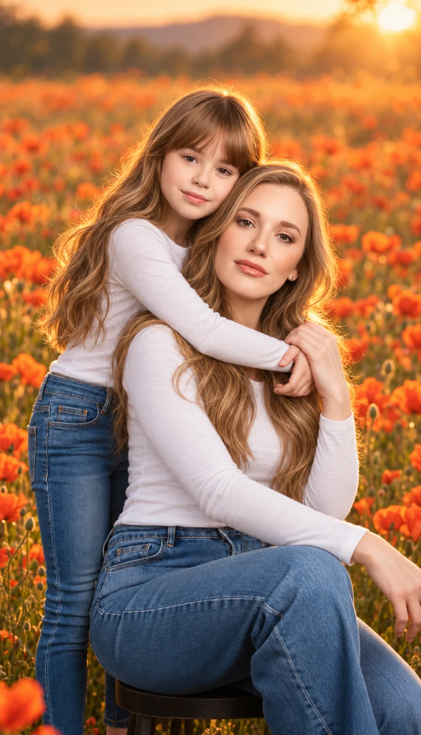 Mother and daughter embracing in a sunlit flower field