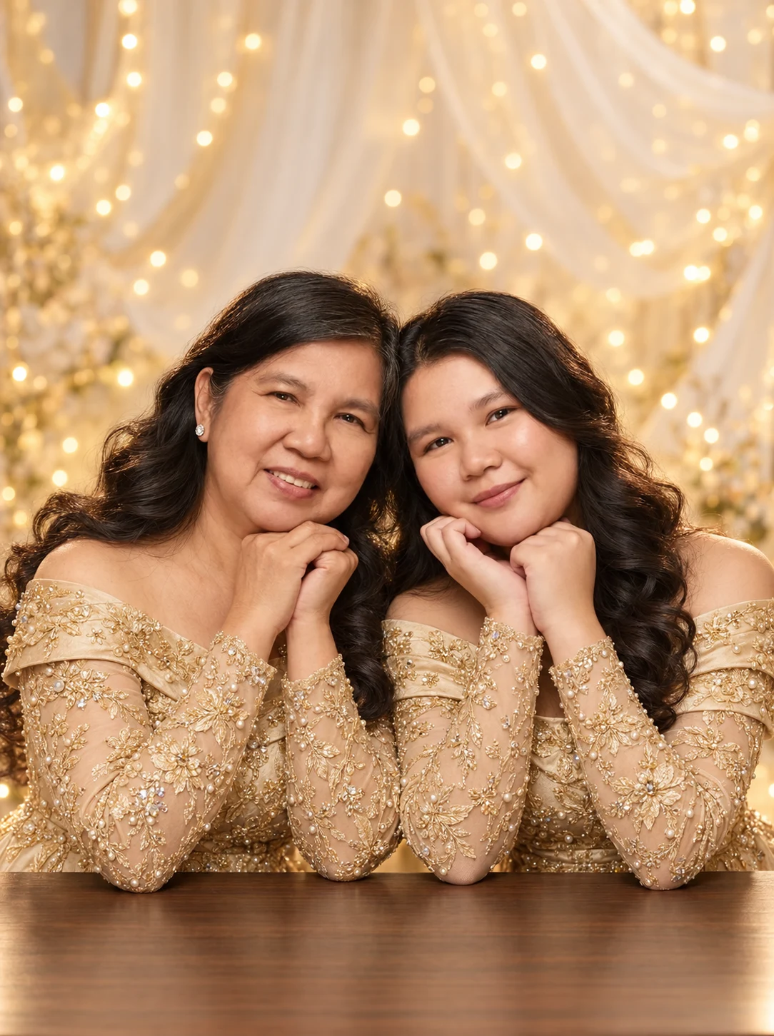 Adult mother and daughter in gold beneath fairy lights
