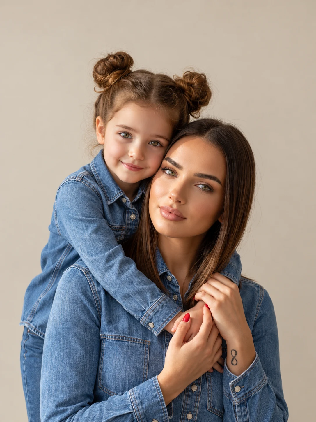 Mother and daughter in denim embracing