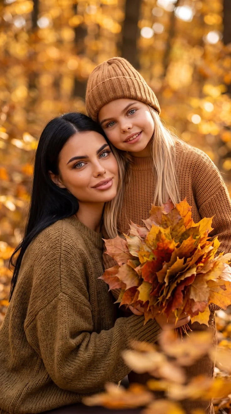 Mother and daughter in cozy sweaters among autumn leaves